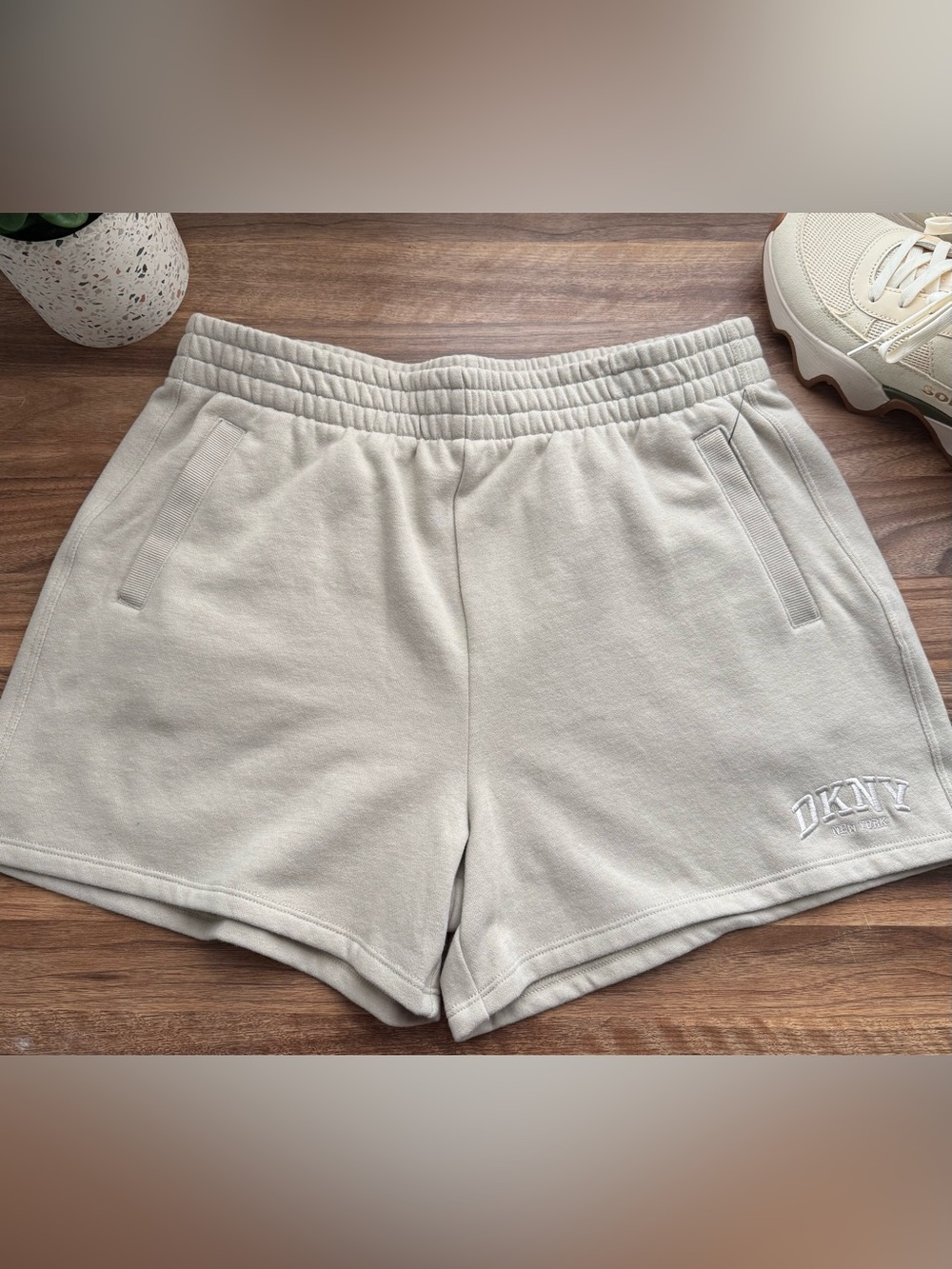 DKNY Sport Beige Fleece Lined Sweats Shorts with Pockets